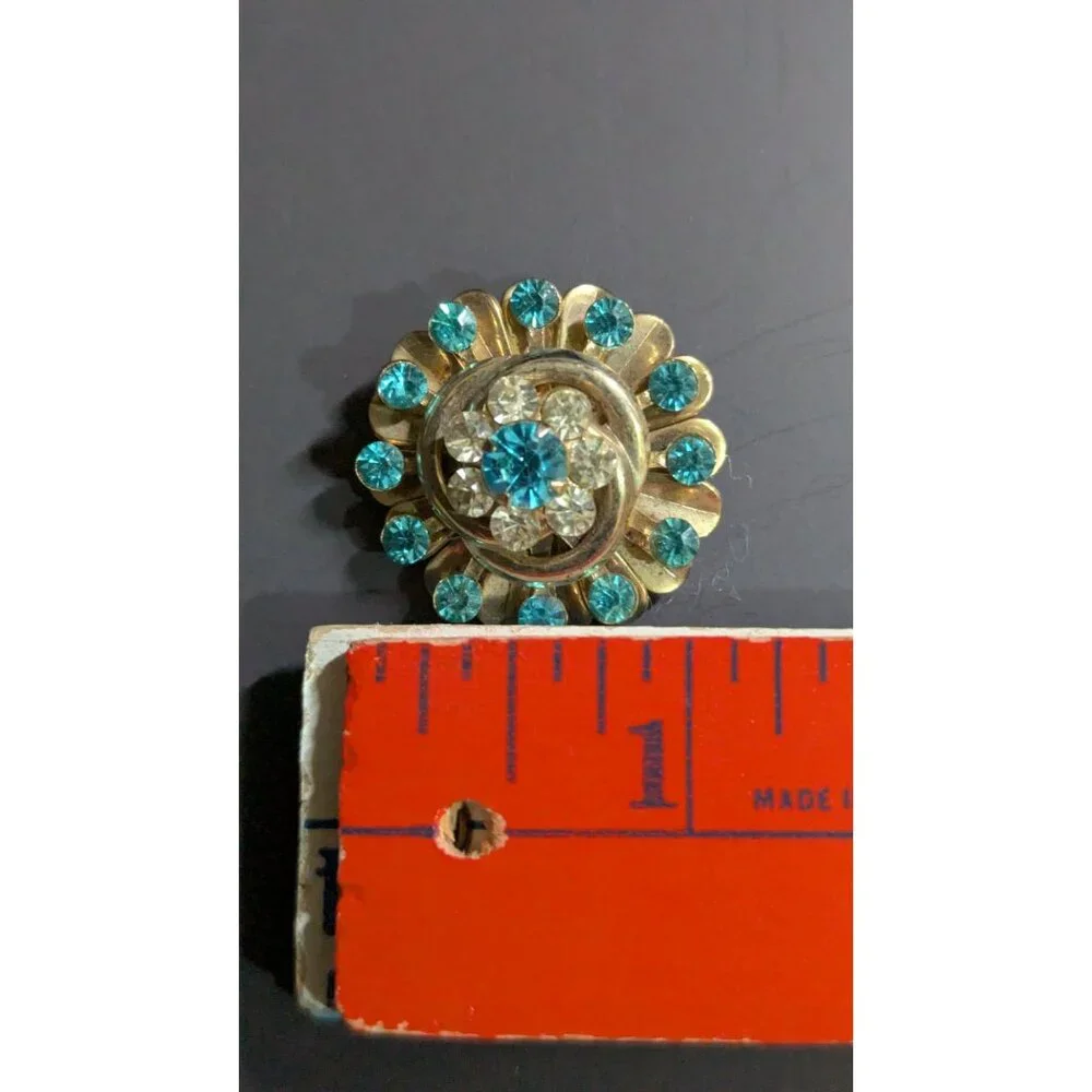Vintage‎ Floral Brooch  Blue & Clear Rhinestones Retro  Jewelry Pin Gold tone